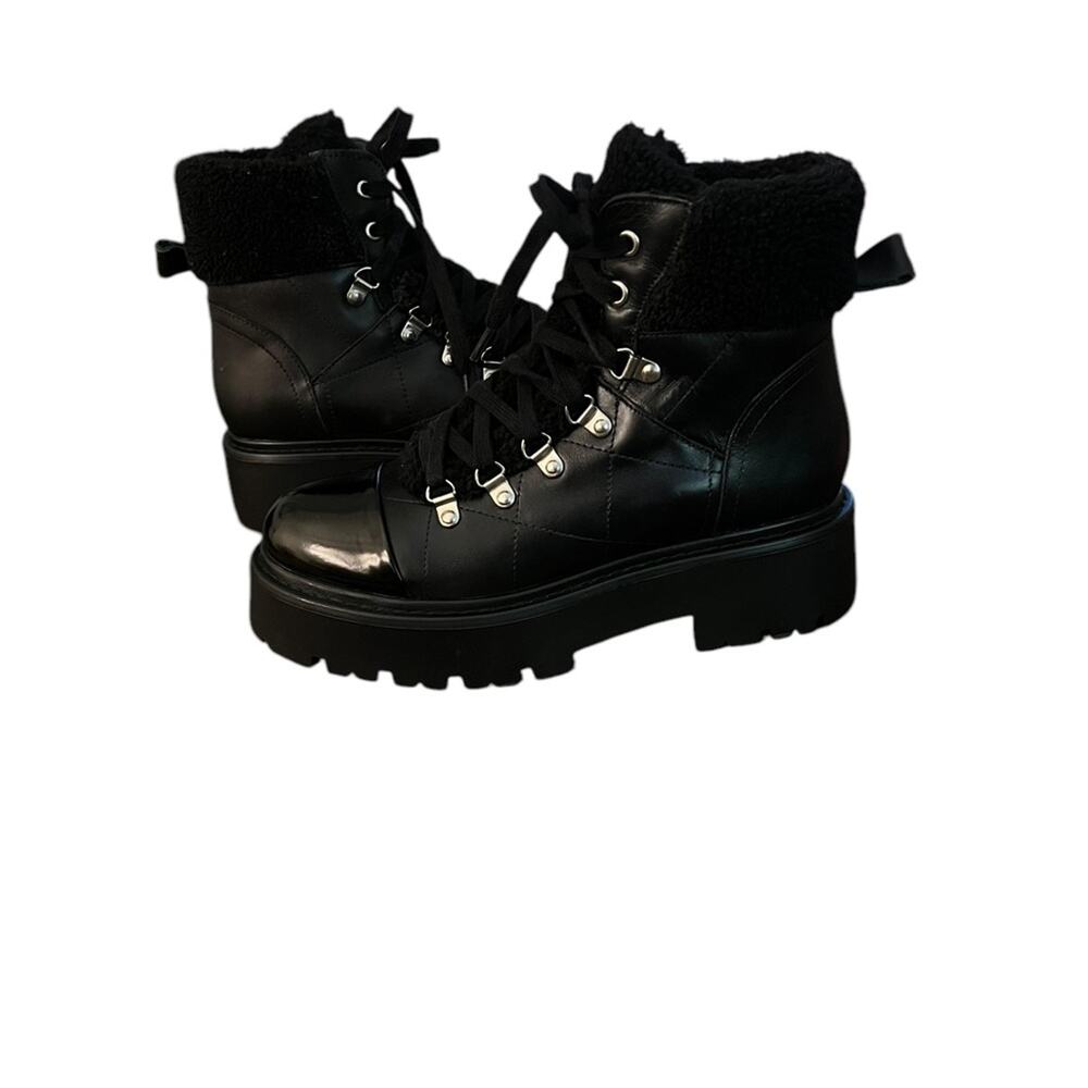 Steve Madden Black Lace-Up Platform Ankle Boots with Shearling Collar - Picture 2 of 7